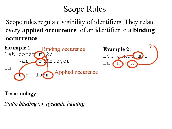 Scope Rules Scope rules regulate visibility of identifiers. They relate every applied occurrence of