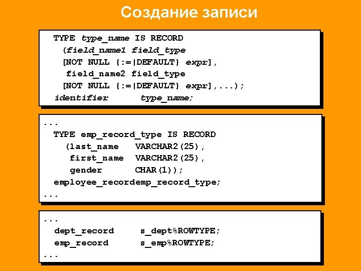 Создание записи TYPE type_name IS RECORD (field_name 1 field_type [NOT NULL {: =|DEFAULT} expr],