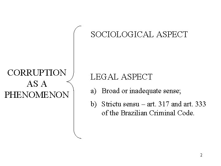 SOCIOLOGICAL ASPECT CORRUPTION AS A PHENOMENON LEGAL ASPECT a) Broad or inadequate sense; b)