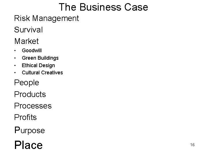 The Business Case Risk Management Survival Market • • Goodwill Green Buildings Ethical Design