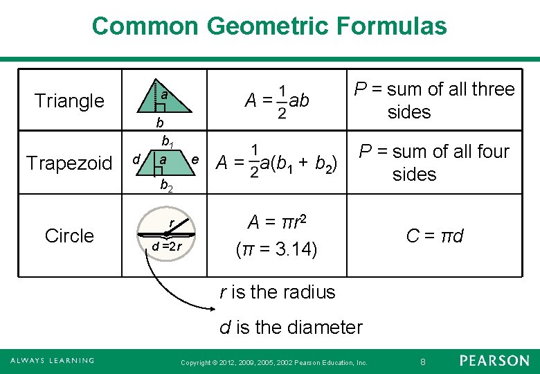 Common Geometric Formulas a Triangle Trapezoid d b b 1 a e A =