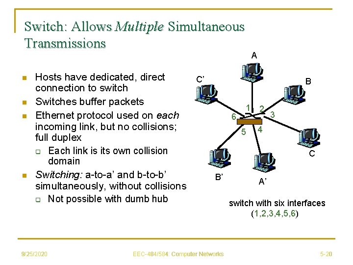 Switch: Allows Multiple Simultaneous Transmissions n n Hosts have dedicated, direct C’ connection to