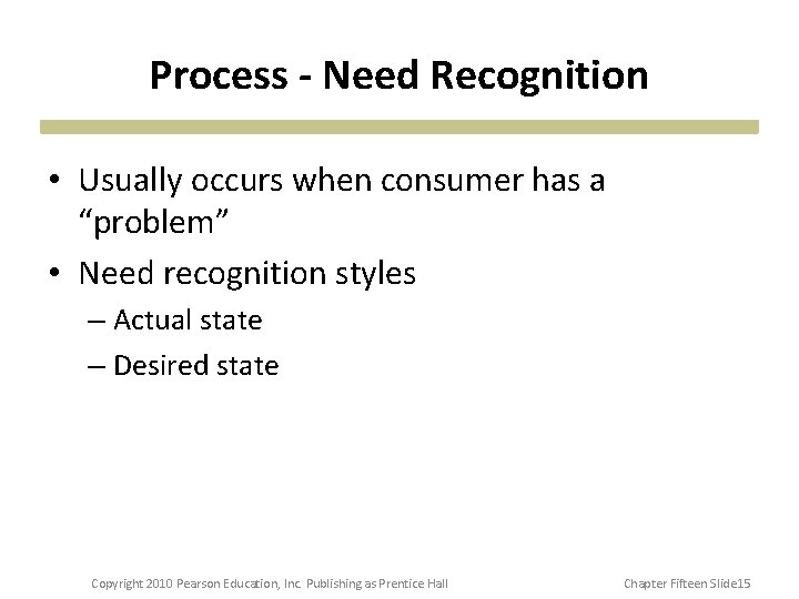 Process - Need Recognition • Usually occurs when consumer has a “problem” • Need