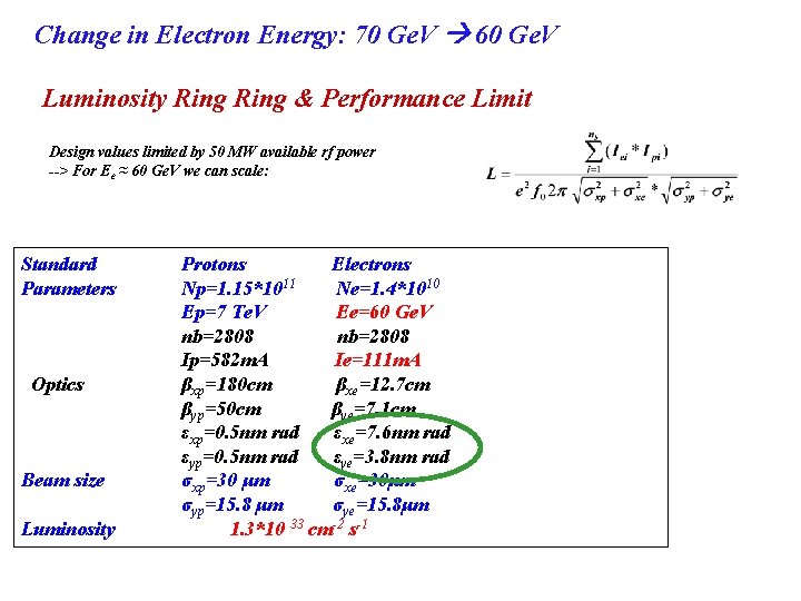 Change in Electron Energy: 70 Ge. V 60 Ge. V Luminosity Ring & Performance