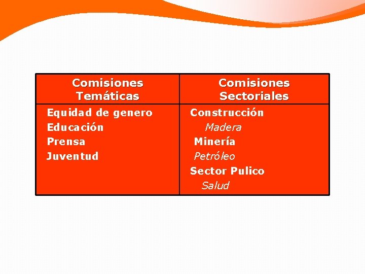 Comisiones Temáticas Equidad de genero Educación Prensa Juventud Comisiones Sectoriales Construcción Madera Minería Petróleo