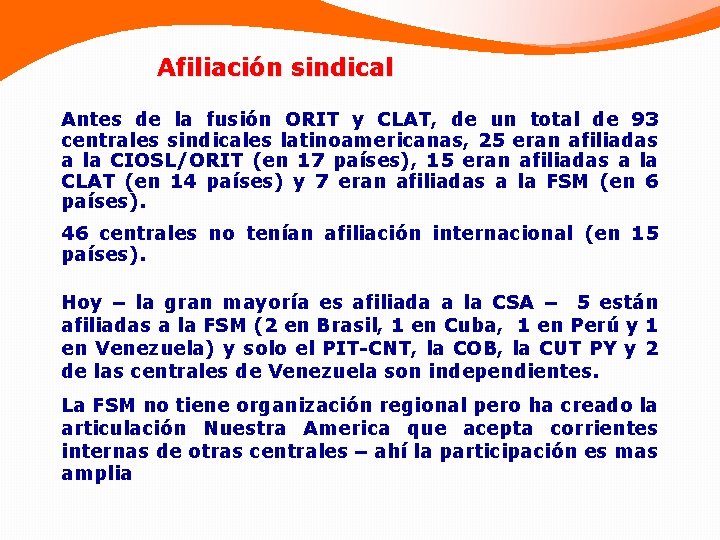 Afiliación sindical Antes de la fusión ORIT y CLAT, de un total de 93