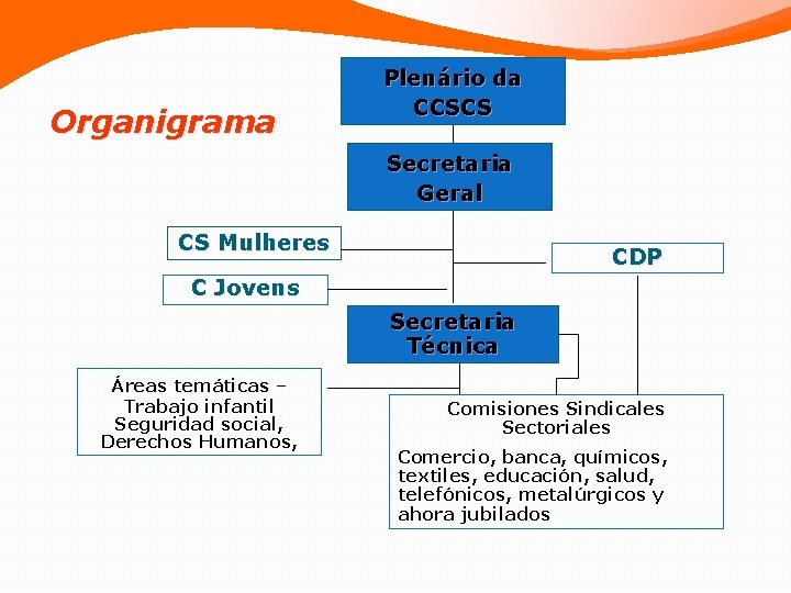 Organigrama Plenário da CCSCS Secretaria Geral CS Mulheres CDP C Jovens Secretaria Técnica Áreas