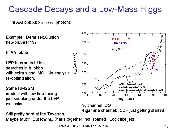 Cascade Decays and a Low-Mass Higgs h! AA! bbbb, bb , , photons Example: