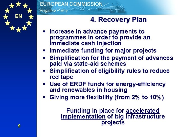 EUROPEAN COMMISSION Regional Policy EN 4. Recovery Plan § Increase in advance payments to