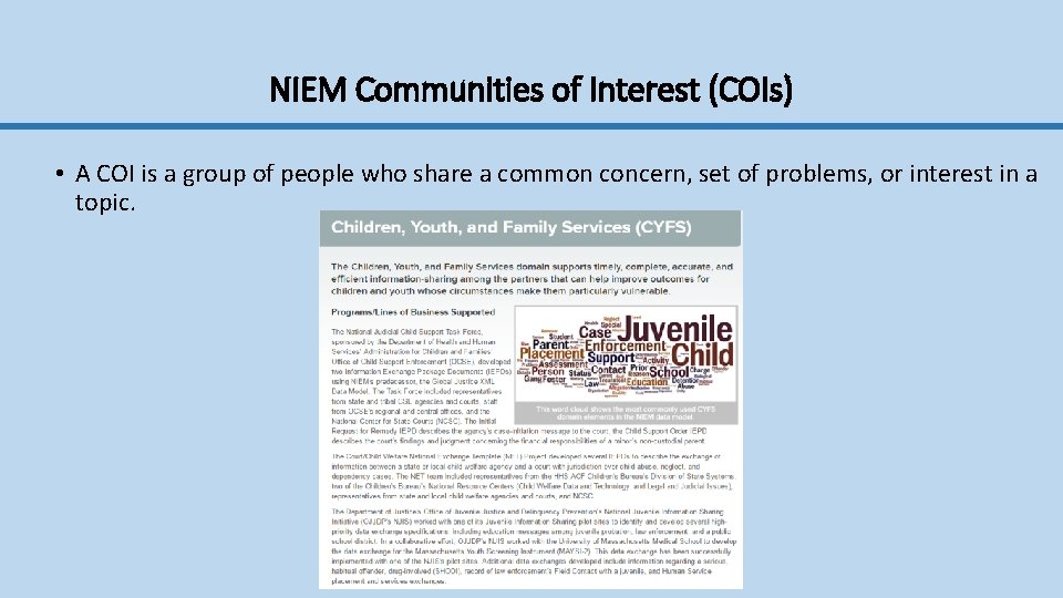 NIEM Communities of Interest (COIs) • A COI is a group of people who