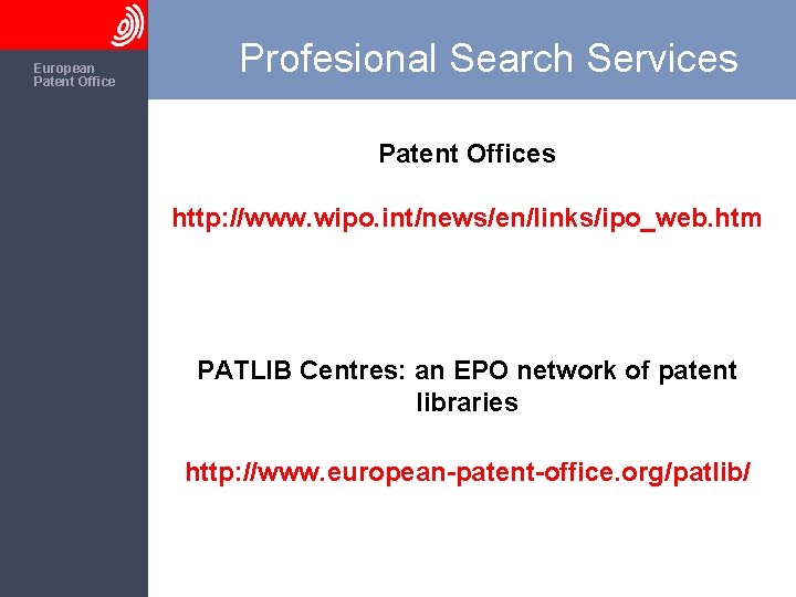 The European Patent Office Profesional Search Services Patent Offices http: //www. wipo. int/news/en/links/ipo_web. htm