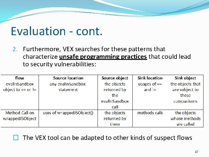 Evaluation - cont. 2. Furthermore, VEX searches for these patterns that characterize unsafe programming