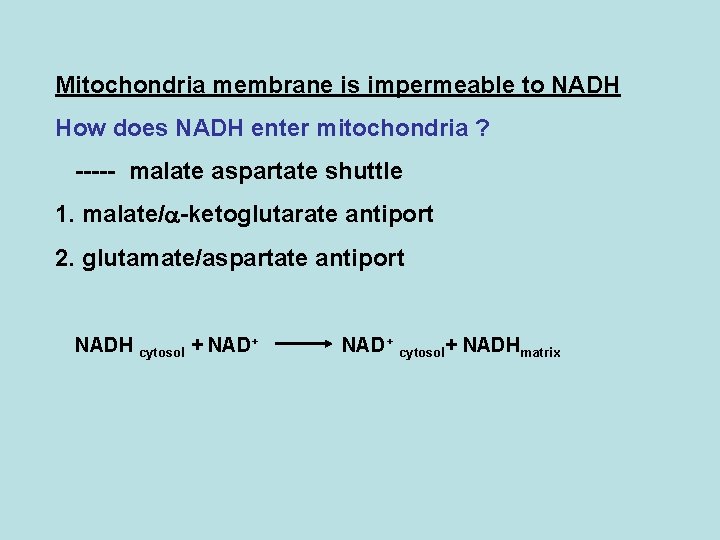 Mitochondria membrane is impermeable to NADH How does NADH enter mitochondria ? ----- malate