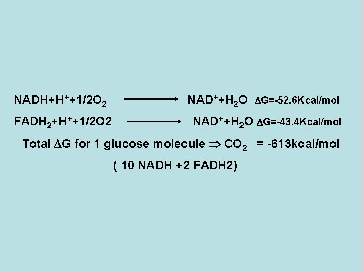 NADH+H++1/2 O 2 FADH 2+H++1/2 O 2 NAD++H 2 O G=-52. 6 Kcal/mol NAD++H