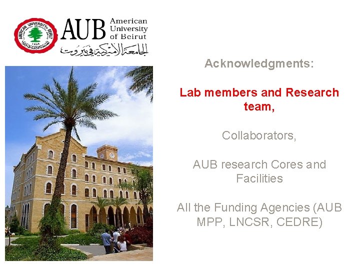 Acknowledgments: Lab members and Research team, Collaborators, AUB research Cores and Facilities All the