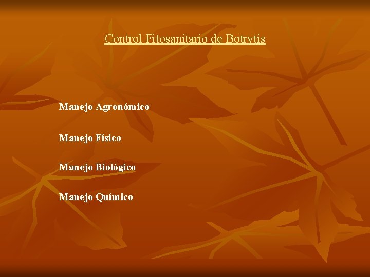 Control Fitosanitario de Botrytis Manejo Agronómico Manejo Físico Manejo Biológico Manejo Químico 