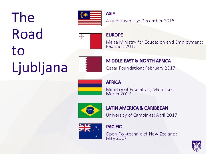The Road to Ljubljana ASIA Asia e. University: December 2016 EUROPE Malta Ministry for