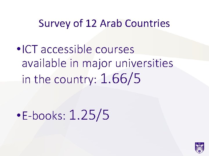 Survey of 12 Arab Countries • ICT accessible courses available in major universities in