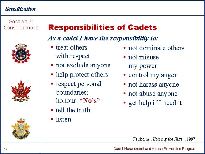 Sensitization Session 3: Consequences Responsibilities of Cadets As a cadet I have the responsibility