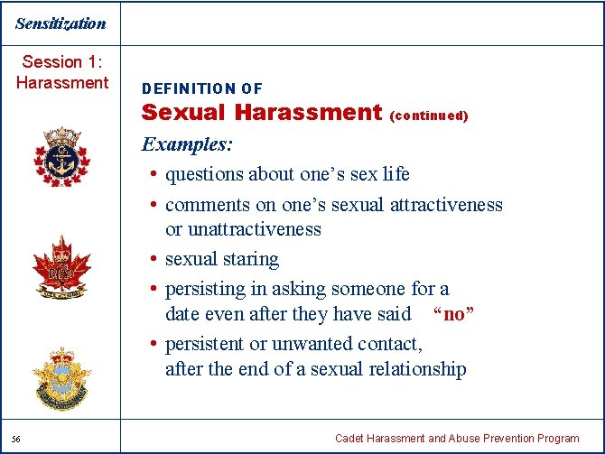 Sensitization Session 1: Harassment DEFINITION OF Sexual Harassment (continued) Examples: • questions about one’s