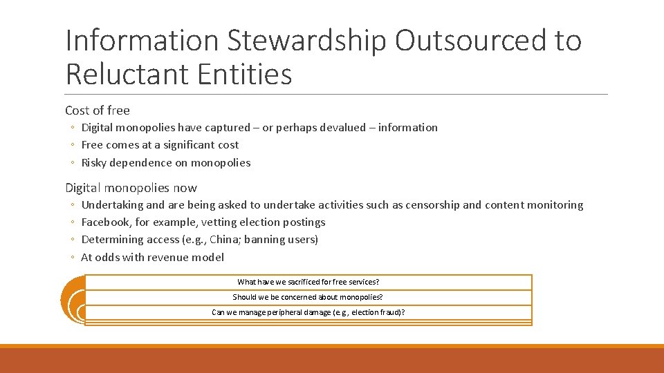 Information Stewardship Outsourced to Reluctant Entities Cost of free ◦ Digital monopolies have captured