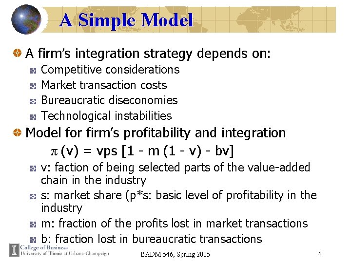 A Simple Model A firm’s integration strategy depends on: Competitive considerations Market transaction costs