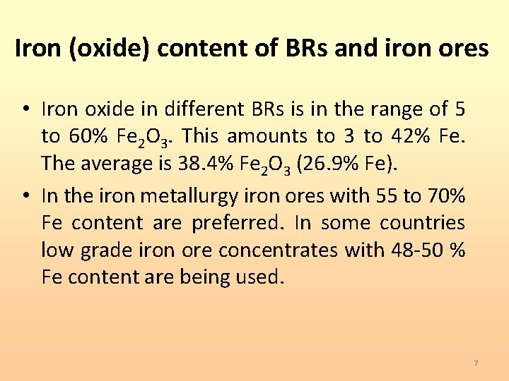 Iron (oxide) content of BRs and iron ores • Iron oxide in different BRs