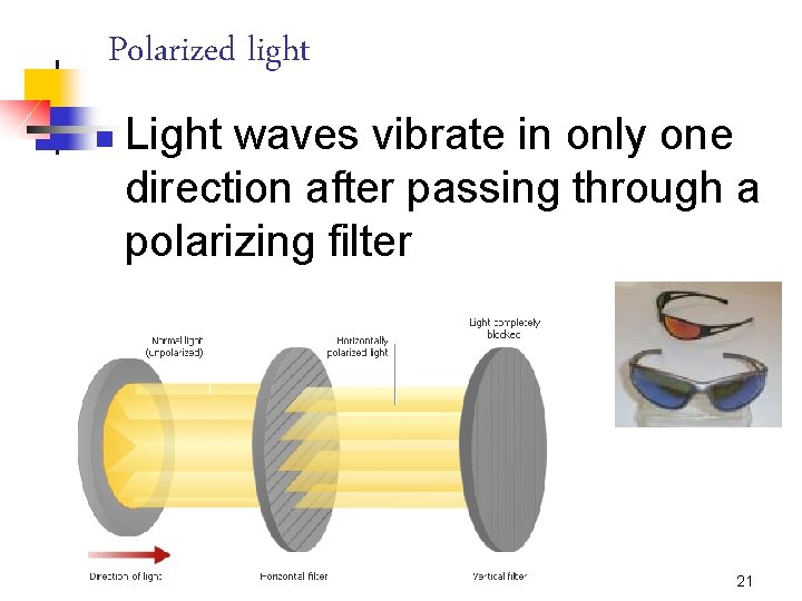 Polarized light n Light waves vibrate in only one direction after passing through a