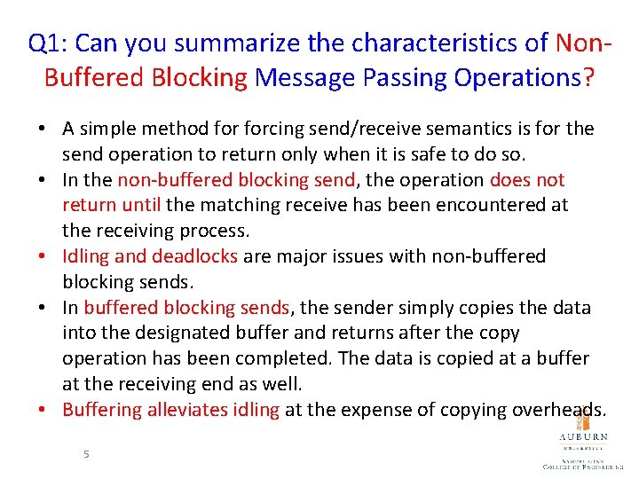 Q 1: Can you summarize the characteristics of Non. Buffered Blocking Message Passing Operations?