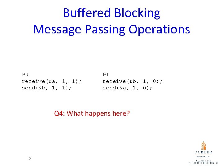 Buffered Blocking Message Passing Operations Deadlocks are still possible with buffering since receive operations