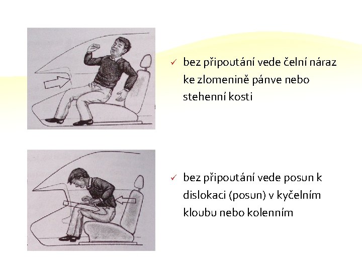 ü bez připoutání vede čelní náraz ke zlomenině pánve nebo stehenní kosti ü bez