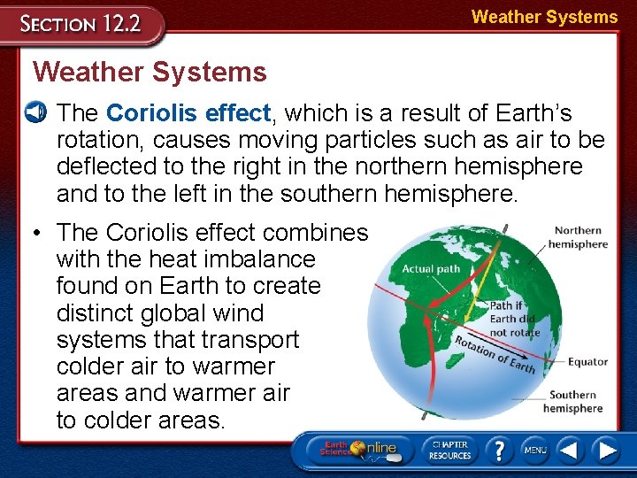 Weather Systems • The Coriolis effect, which is a result of Earth’s rotation, causes