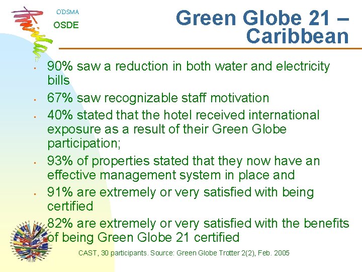 ODSMA OSDE • • • Green Globe 21 – Caribbean 90% saw a reduction