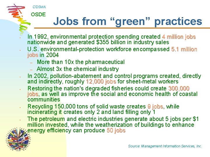ODSMA OSDE • • • Jobs from “green” practices In 1992, environmental protection spending