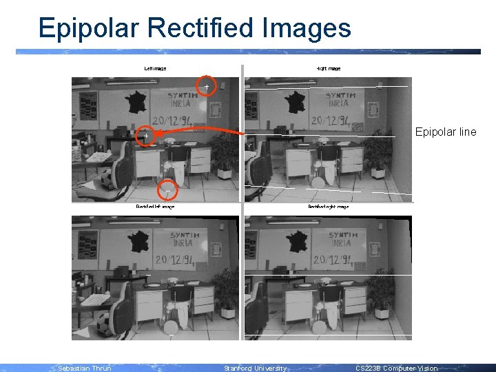 Epipolar Rectified Images Epipolar line Sebastian Thrun Stanford University CS 223 B Computer Vision