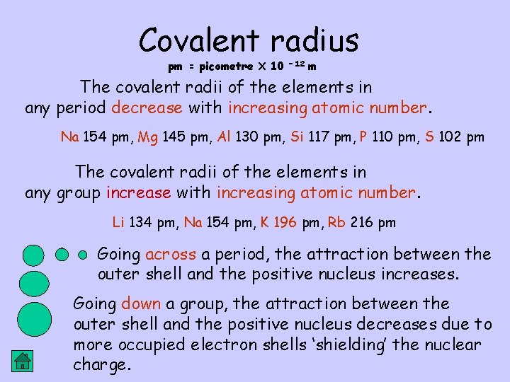 Covalent radius pm = picometre X 10 – 12 m The covalent radii of