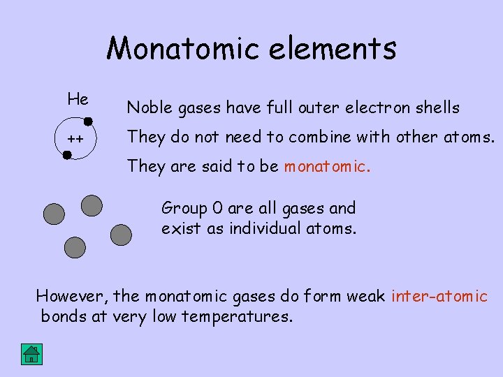 Monatomic elements He Noble gases have full outer electron shells ++ They do not