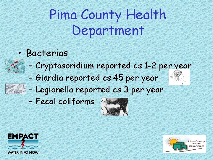 Pima County Health Department • Bacterias – – Cryptosoridium reported cs 1 -2 per