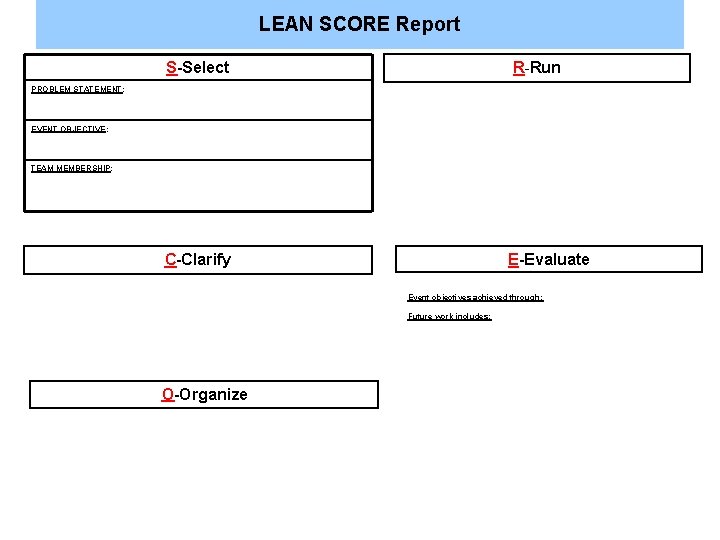 LEAN SCORE Report S-Select R-Run PROBLEM STATEMENT: EVENT OBJECTIVE: TEAM MEMBERSHIP: C-Clarify E-Evaluate Event