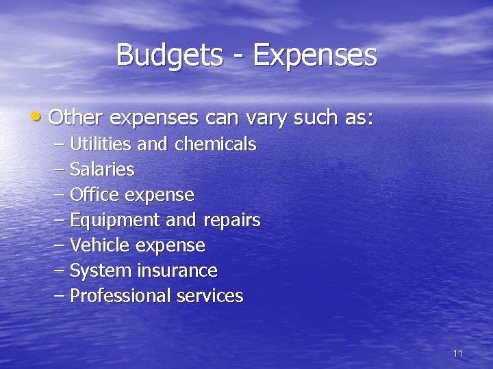 Budgets - Expenses • Other expenses can vary such as: – Utilities and chemicals