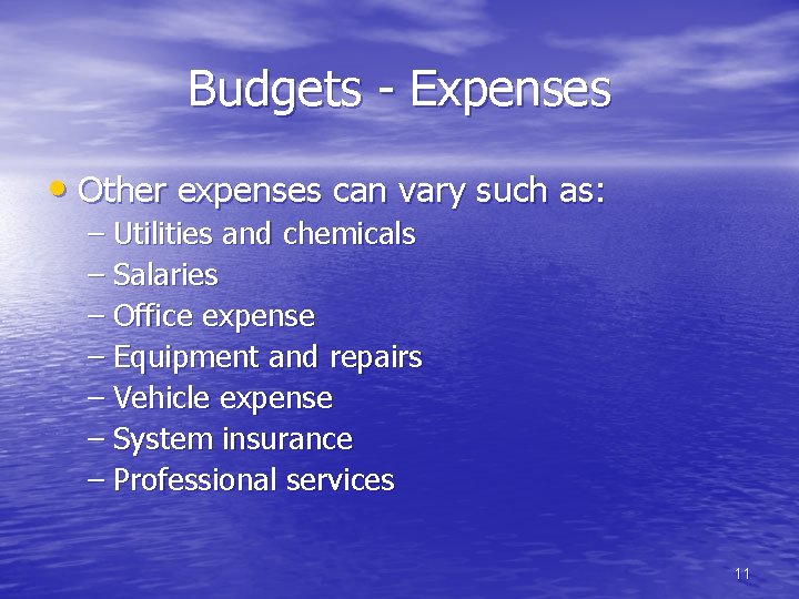 Budgets - Expenses • Other expenses can vary such as: – Utilities and chemicals