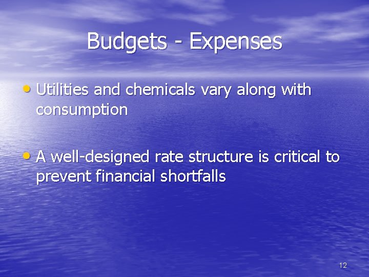 Budgets - Expenses • Utilities and chemicals vary along with consumption • A well-designed