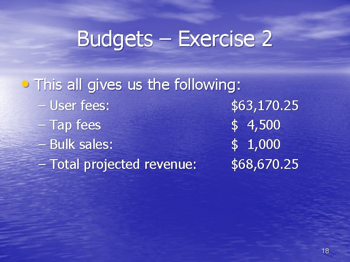 Budgets – Exercise 2 • This all gives us the following: – User fees: