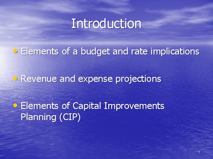 Introduction • Elements of a budget and rate implications • Revenue and expense projections