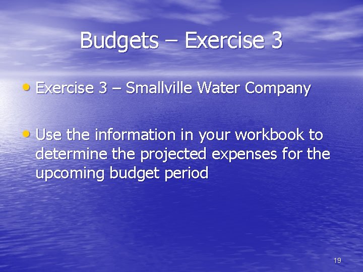 Budgets – Exercise 3 • Exercise 3 – Smallville Water Company • Use the