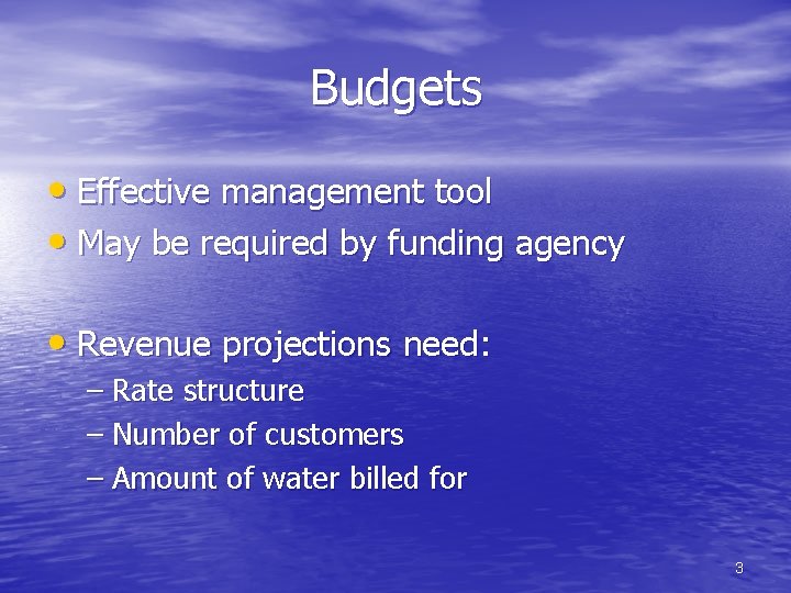Budgets • Effective management tool • May be required by funding agency • Revenue