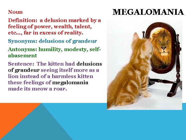 Noun Definition: a delusion marked by a feeling of power, wealth, talent, etc…, far