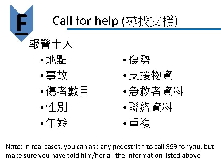 F Call for help (尋找支援) 報警十大 • 地點 • 事故 • 傷者數目 • 性別