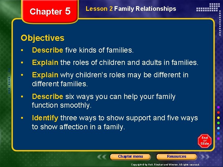 Chapter 5 Lesson 2 Family Relationships Objectives • Describe five kinds of families. •