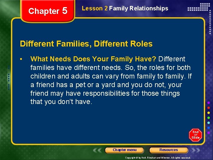 Chapter 5 Lesson 2 Family Relationships Different Families, Different Roles • What Needs Does